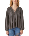 LUCKY BRAND WOMEN'S TIE-NECK LACE-TRIM PEASANT TOP