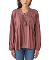 LUCKY BRAND WOMEN'S TIE-NECK LACE-TRIM PEASANT TOP