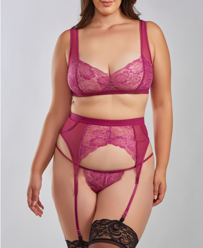 Icollection Ruby Plus Size Soft Cup Bralette, Garter And Lace Panty Set, 3 Piece In Wine
