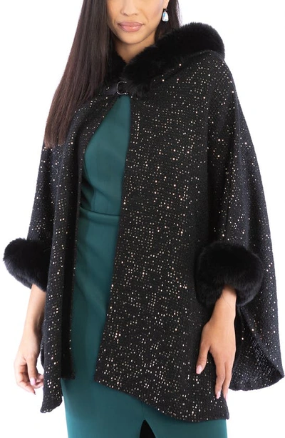 Saachi Stars Faux Fur Trim Hooded Ruana In Black