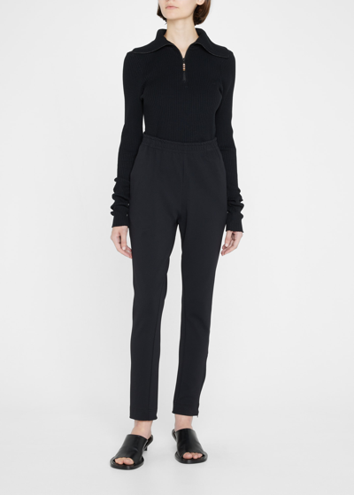 Bassike Zip-front Ribbed Polo Top In Blk