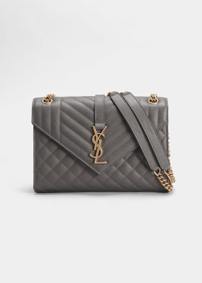 Saint Laurent Triquilt Medium Ysl Monogram Grain De Poudre V Flap Satchel Bag - Golden Hardware In 3334 Old Oil