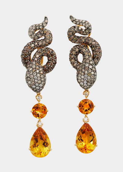 Stéfère Yellow Gold Brown Diamond, Citrine, Green Garnet And White Diamond Earrings From The Snake Collectio