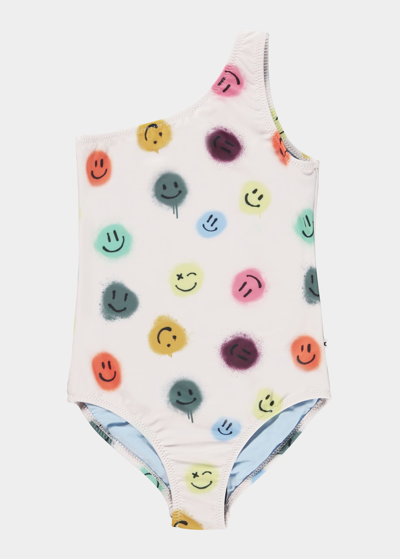 Molo Kids' Girl's Nai Happy Face-print One Shoulder Swimsuit In Happy Dots