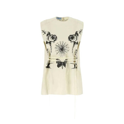 Prada Printed Slub Canvas Top - Atterley In Beige