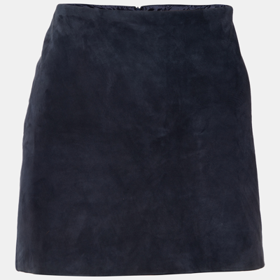 Pre-owned Versace Navy Blue Leather & Silk Paneled Mini Skirt M