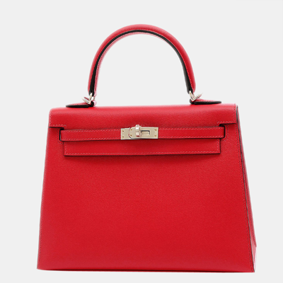 Pre-owned Hermes Kelly 25 Verso Handbag Vau Madame Rouge Piment/rose Silver Hardware U Engraved In Red