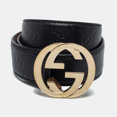 Pre-owned Gucci Ssima Leather Interlocking G Buckle Belt 85cm In Black