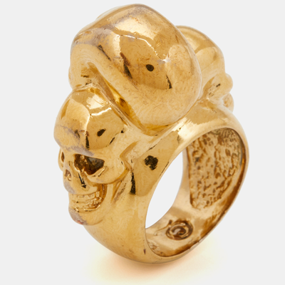 Pre-owned Mcq By Alexander Mcqueen Gold Tone Multi Skull Ring Size 50