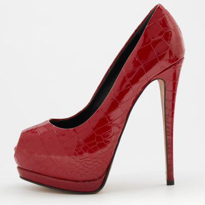 Pre-owned Giuseppe Zanotti Red Croc Embossed Patent Leather Peep Toe Platform Pumps Size 37