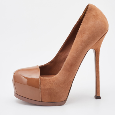 Pre-owned Saint Laurent Brown Suede And Patent Leather Cap Toe Tribtoo Platform Pumps Size 39.5
