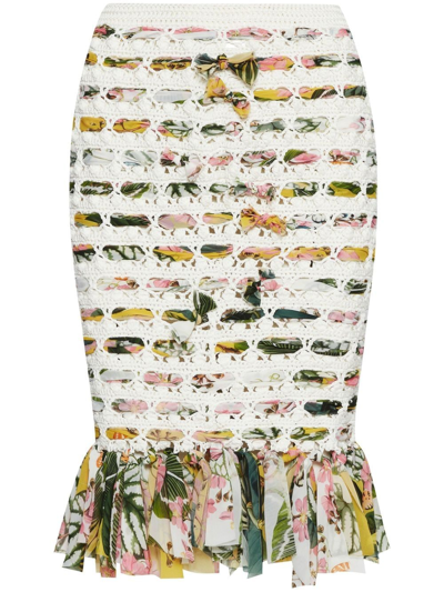 Oscar De La Renta Crochet-knit Cotton And Fringed Printed Chiffon Skirt In Ivory Multi