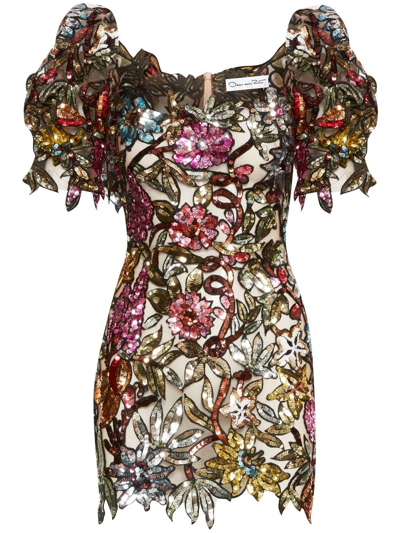 Oscar De La Renta Puff Sleeve Multicolor Sequin Embroidered Mini Dress |  ModeSens