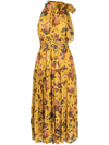 Ulla Johnson Maya Neck-tie Midi Floral Silk Dress In Yellow
