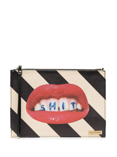 Seletti Graphic-print Striped Clutch-bag In Black