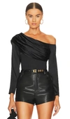 L Agence Hattie One-shoulder Long Sleeve Velvet Top In Black
