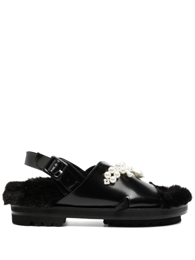 Simone Rocha Low Trek Faux Fur-trimmed Sandals In Black/black/pearl