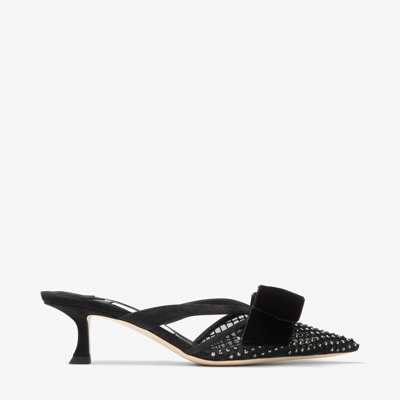 Jimmy Choo Flaca 50 Bow And Crystal-embellished Mesh And Suede Mules In Black