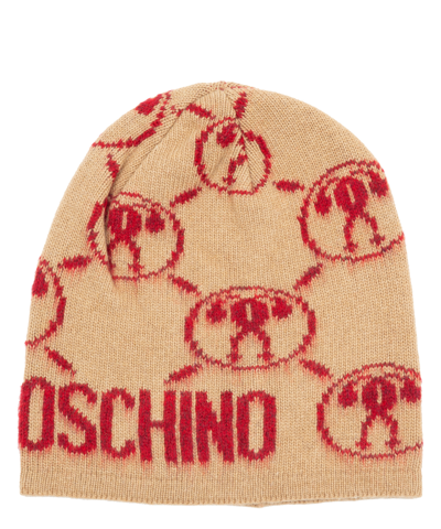 Moschino Double Question Mark Cashmere Beanie In Beige