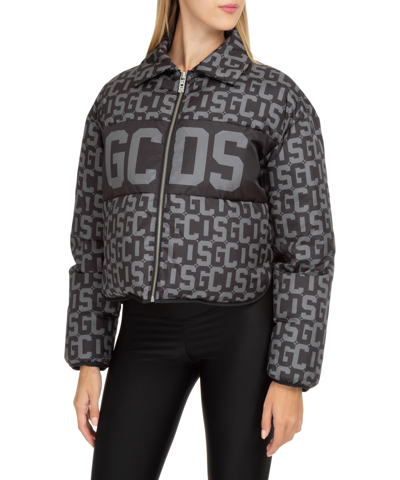 Gcds Woman Black Crop Down Jacket With Monogram Pattern And Logo Band