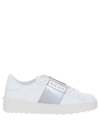Valentino Open Studded Metallic Striped Leather Sneakers In White