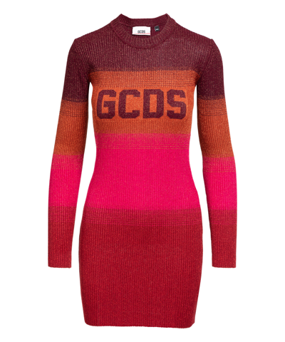 Gcds Cut-out Detail Logo Embroidered Stripe Knit Dress In Pink