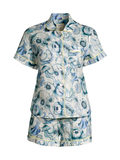 The Lazy Poet Women's In The Pursuit Of Magic Nina Floral & Shell Linen Pajamas In Blue Medusa