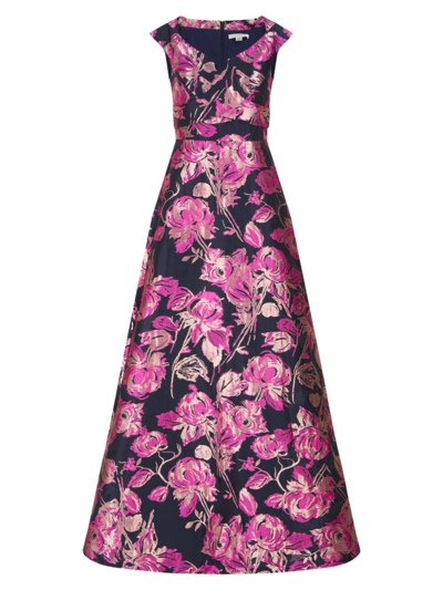Kay Unger Sleeveless Draped Floral Jacquard Gown In Purple
