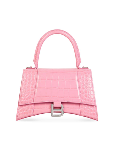 Balenciaga Women's Hourglass Small Handbag Crocodile Embossed In Sweet Pink