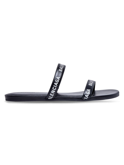 Balenciaga Logo Lettering Leather Flat Sandals In Black