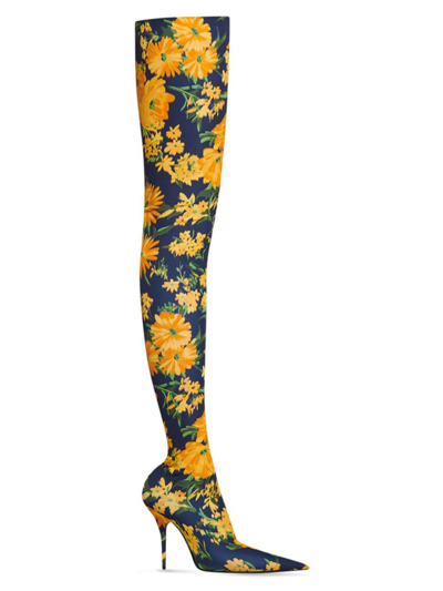 BALENCIAGA WOMEN'S KNIFE 110MM OVER-THE-KNEE BOOTS YELLOW BOUQUET PRINTED