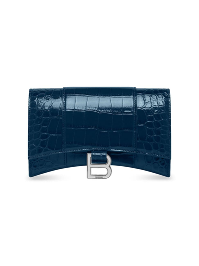 Balenciaga Hourglass Wallet With Chain Crocodile Embossed In Blue