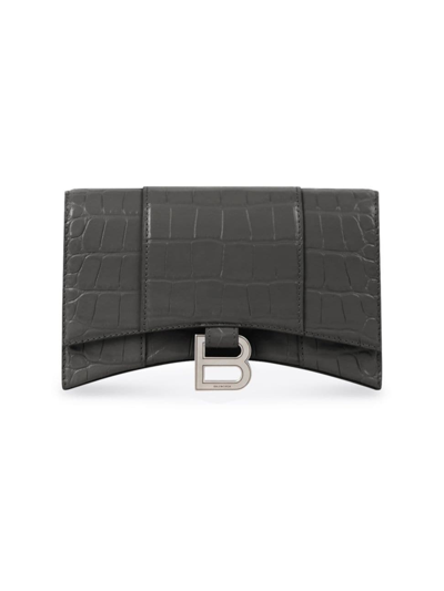 Balenciaga Hourglass Wallet With Chain Crocodile Embossed In Dark Grey