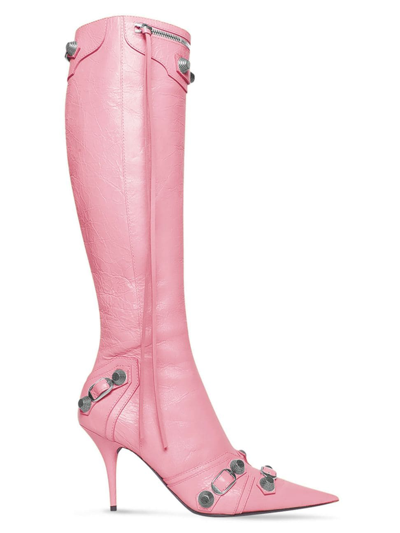Balenciaga Cagole Embellished Textured-leather Knee Boots In Pink