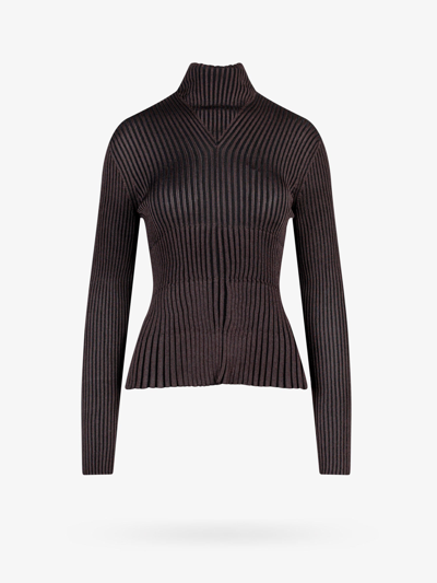 Bottega Veneta Button-keyhole Turtleneck Plisse Knit Sweater In Marrone