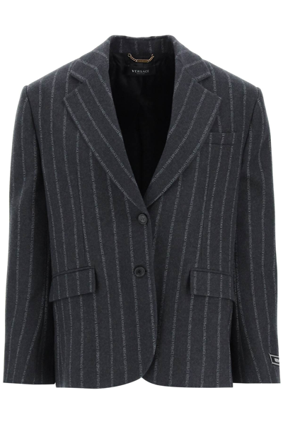 Versace Oversized Striped Logo Wool Jacket In Charcoal Melange (grey)