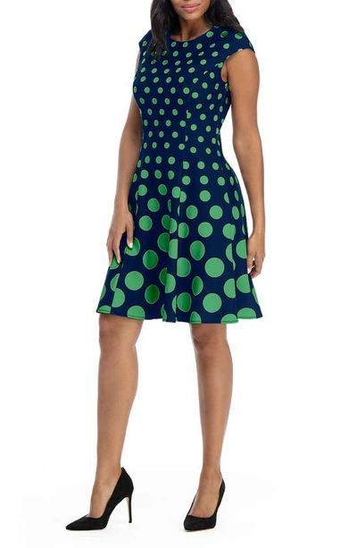 London Times Polka Dot Fit & Flare Dress In Navy/ Green