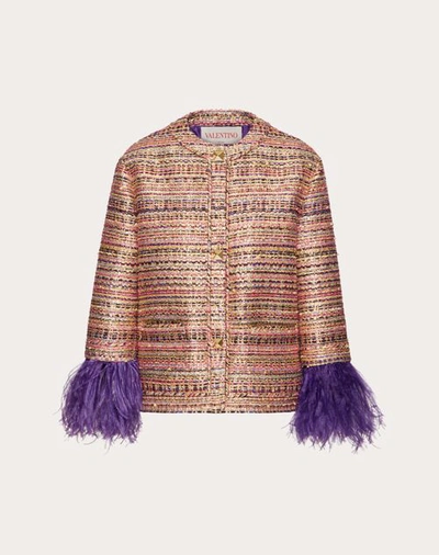 Valentino Women's Tweed Feather-cuff Jacket In Purple Fuchsia Gold