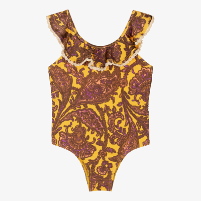 Zimmermann Kids' Tiggy 荷叶边佩斯理印花连体泳衣 In Yellow/peach Paisley