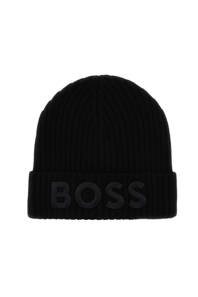 Hugo Boss Virgin Wool Ribbed Beanie In Black