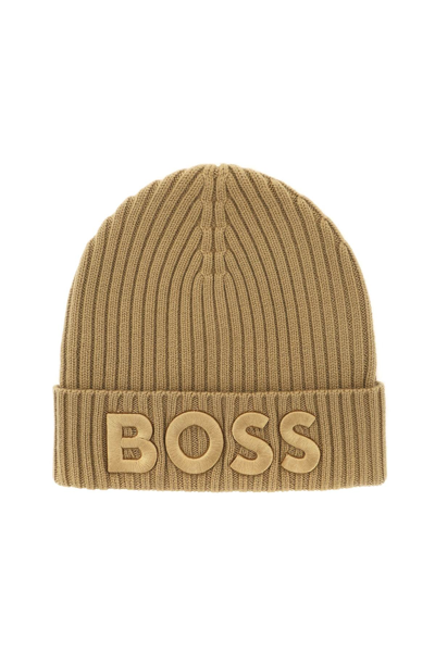 Hugo Boss Beanie Cap With Embroidery In Beige