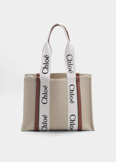 Chloé Woody Medium Linen Leather Tote Bag In White/brown