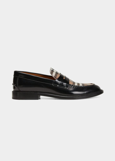 Burberry Men's Vintage Check Leather Penny Loafers In Black
