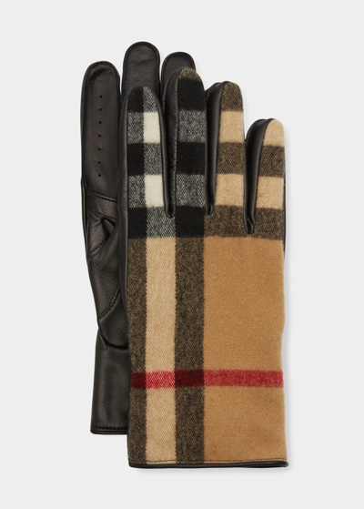 Burberry Men's Exaggerated Check Wool & Leather Gloves In Archive Beige