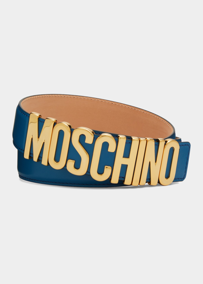 Moschino Men's Metal Logo Leather Belt In Blue