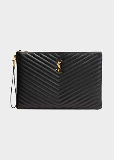 Saint Laurent Monogram Ysl Large Chevron Quilted Flat Wristlet Pouch Bag In Black