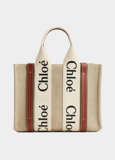 Chloé Woody Small Eco Linen Tote Bag In White/brown