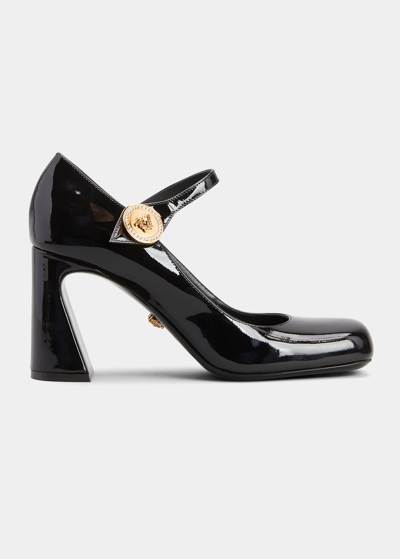Versace Patent Mary Jane Buckle Pumps In Black- Gold