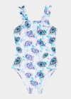Vilebrequin Kids' Little Girl's & Girl's Floral Print Ruffle-trim One-piece Swimsuit In Purple Blue