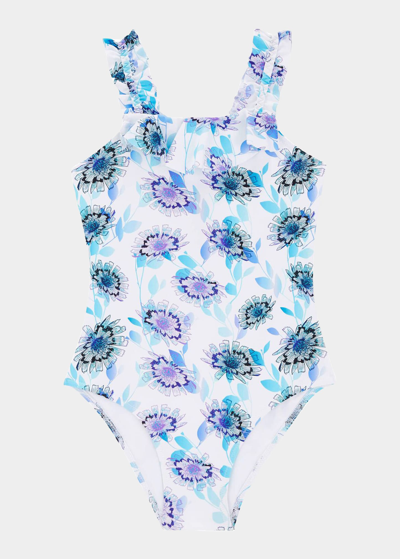 Vilebrequin Kids' Little Girl's & Girl's Floral Print Ruffle-trim One-piece Swimsuit In Elec Ppl/b